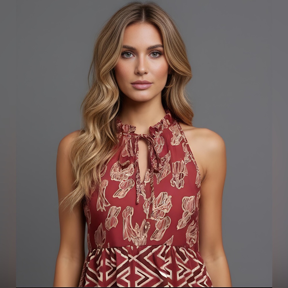 Floral Print Ruffle Hem Tie Neck Halter Dress - Picture 2 of 7